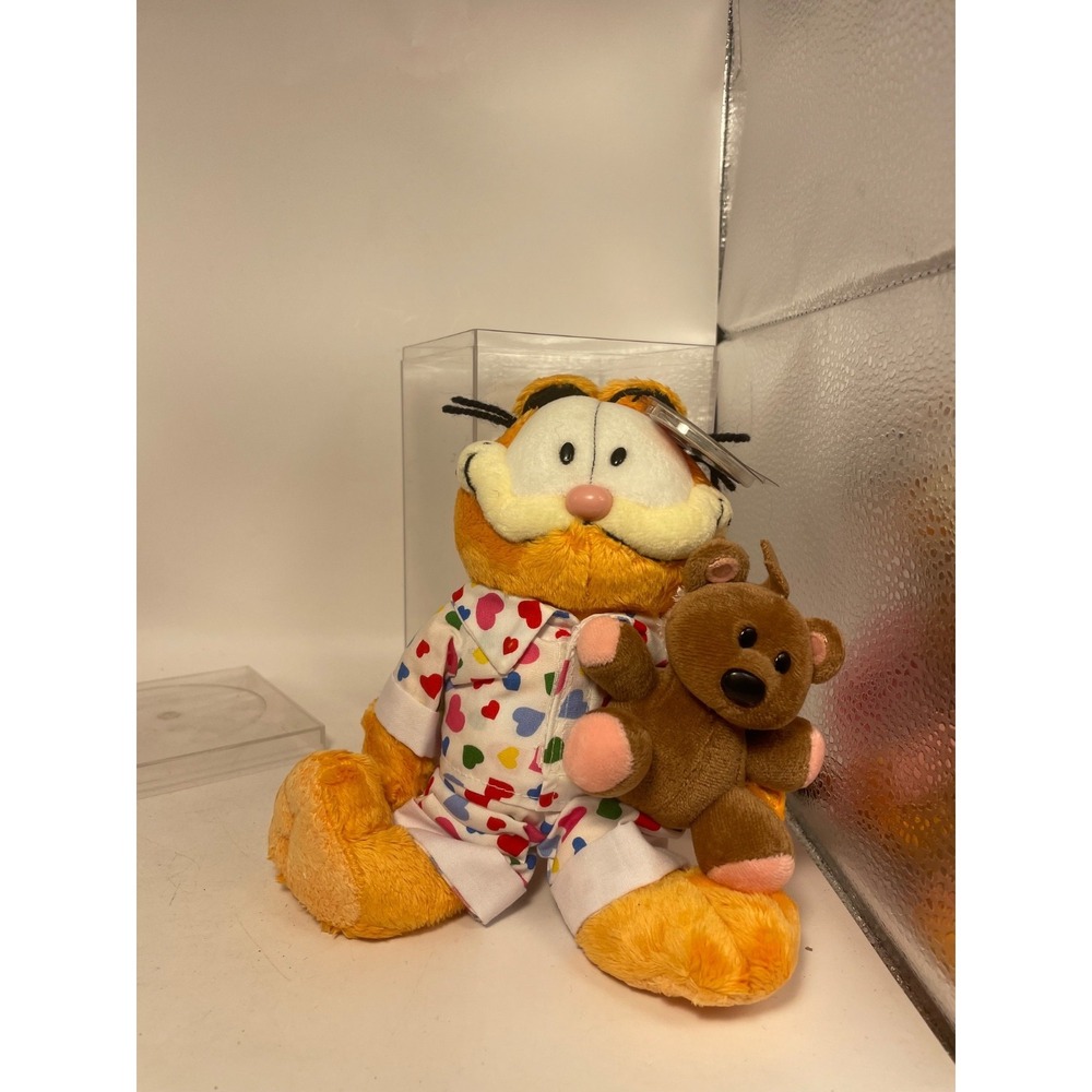 Goodnight Garfield TY Beanie Baby Heart PJs W/ Teddy Bear - New!